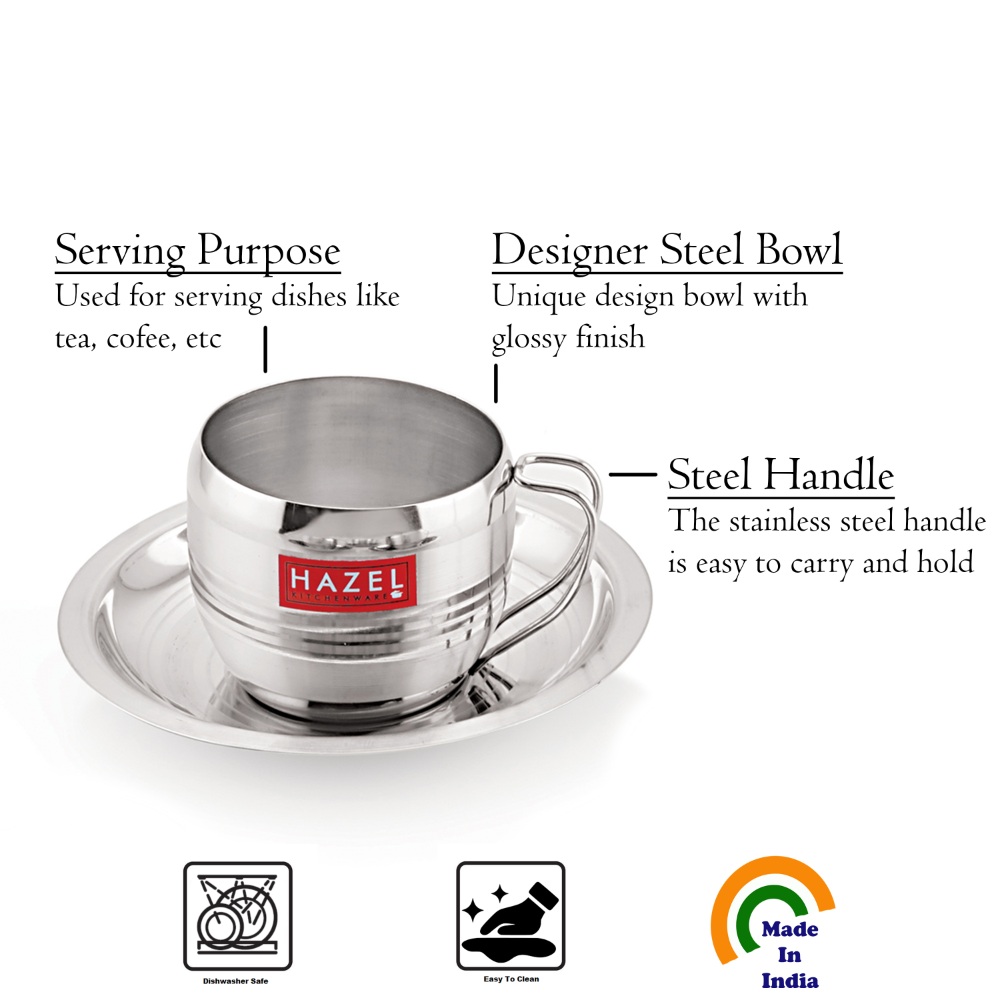 HAZEL Stainless Steel Cup Set Of 6 With Saucer Latest Design | Steel Unbreakable Cups For Tea Chai Coffee Cups Mugs With Saucer (6 Cups, 6 Saucers) Capacity 170ml Each, Silver