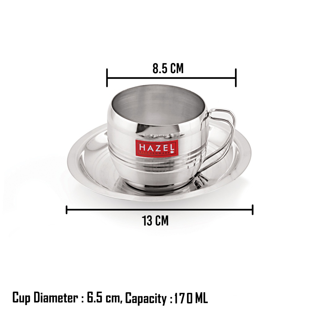 HAZEL Stainless Steel Cup Set Of 6 With Saucer Latest Design | Steel Unbreakable Cups For Tea Chai Coffee Cups Mugs With Saucer (6 Cups, 6 Saucers) Capacity 170ml Each, Silver