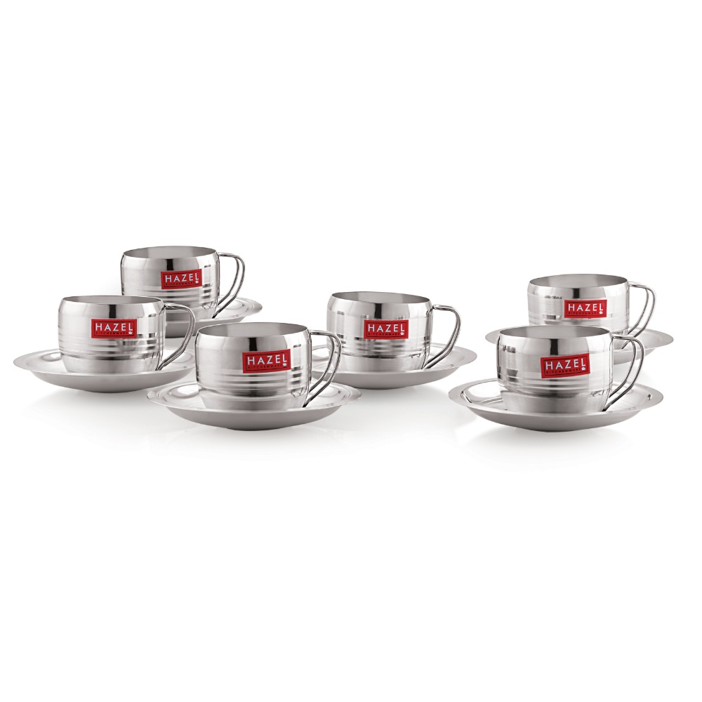 HAZEL Stainless Steel Cup Set Of 6 With Saucer Latest Design | Steel Unbreakable Cups For Tea Chai Coffee Cups Mugs With Saucer (6 Cups, 6 Saucers) Capacity 170ml Each, Silver