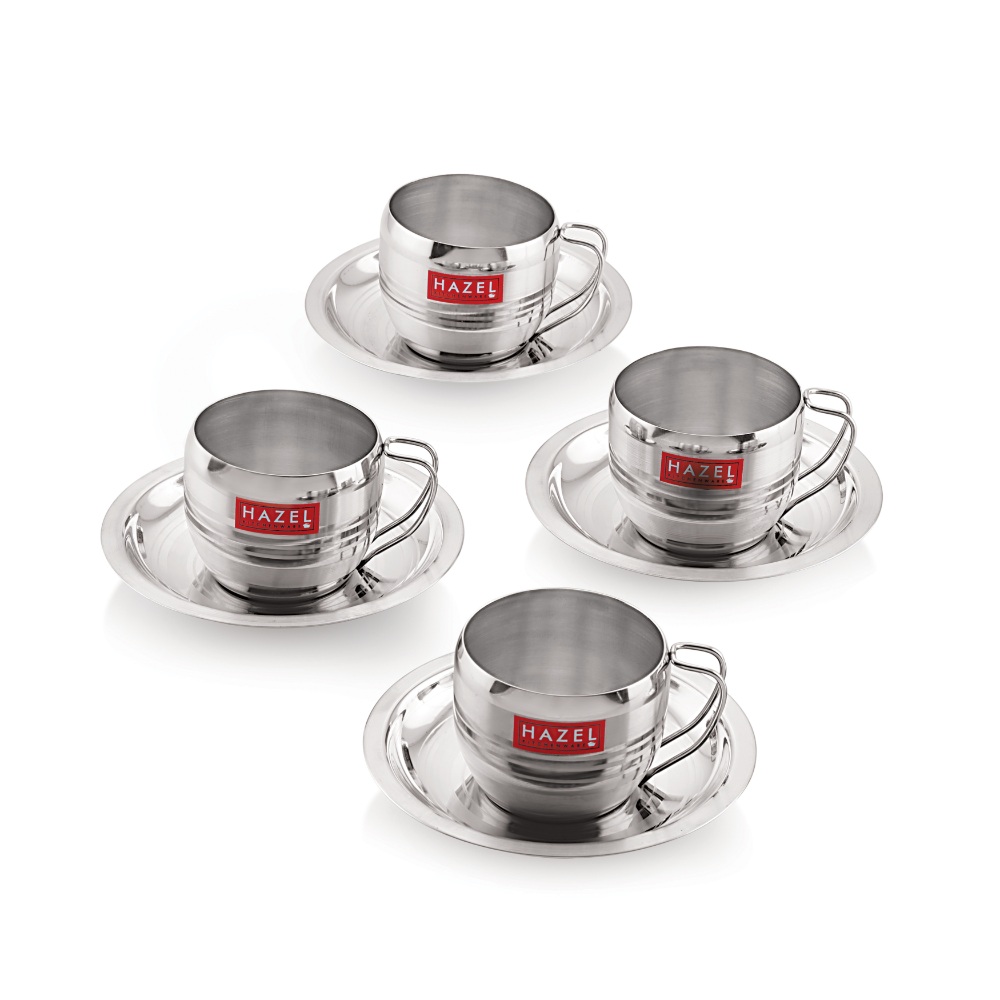 HAZEL Stainless Steel Cup Set Of 4 With Saucer Latest Design | Steel Unbreakable Cups For Tea Chai Coffee Cups Mugs With Saucer (4 Cups, 4 Saucers) Capacity 170ml Each, Silver