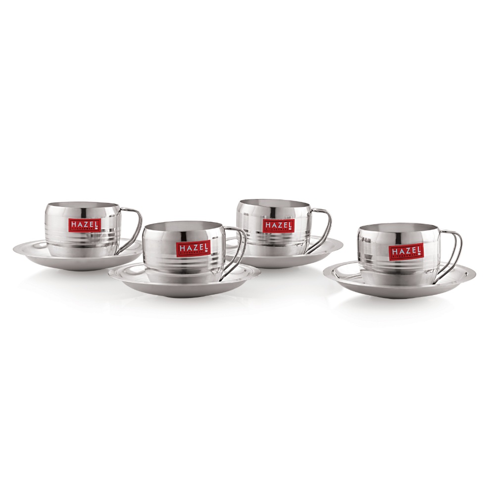 HAZEL Stainless Steel Cup Set Of 4 With Saucer Latest Design | Steel Unbreakable Cups For Tea Chai Coffee Cups Mugs With Saucer (4 Cups, 4 Saucers) Capacity 170ml Each, Silver