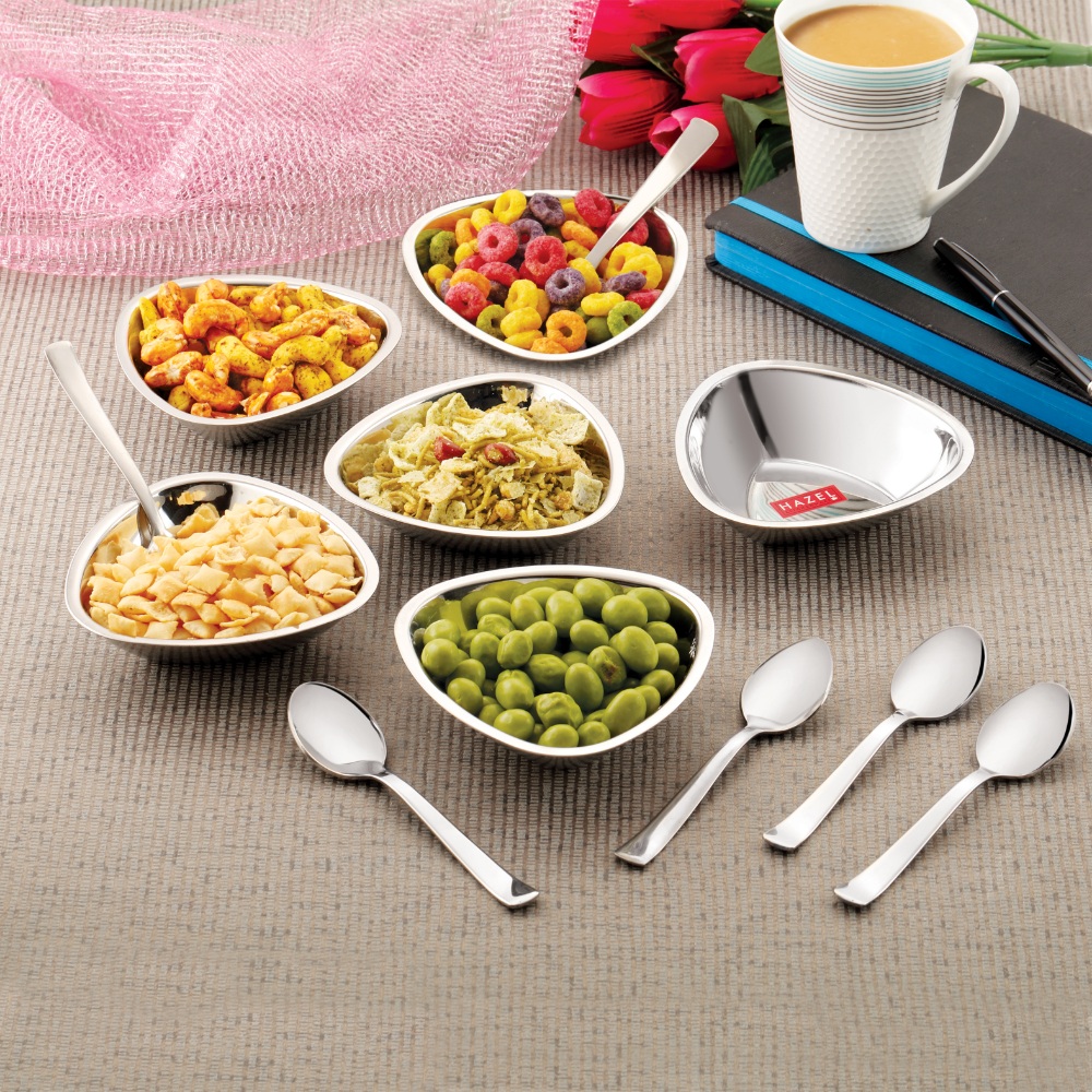 HAZEL Stainless Steel Serving Bowls Set With Spoon| Triangular Shaped Vati Katori Set of 6 | Fancy Serving Bowls For Snacks (6 Vati, 6 Spoon), Capacity 250ml Each, Silver