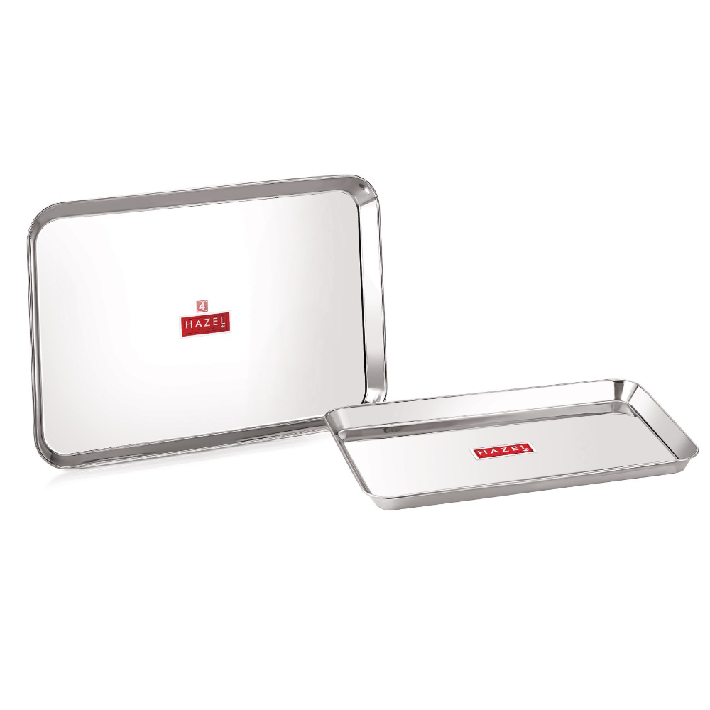 HAZEL Stainless Steel Serving Tray Rectangle Plate Plater Set of 2, Medium and Extra Large, Silver