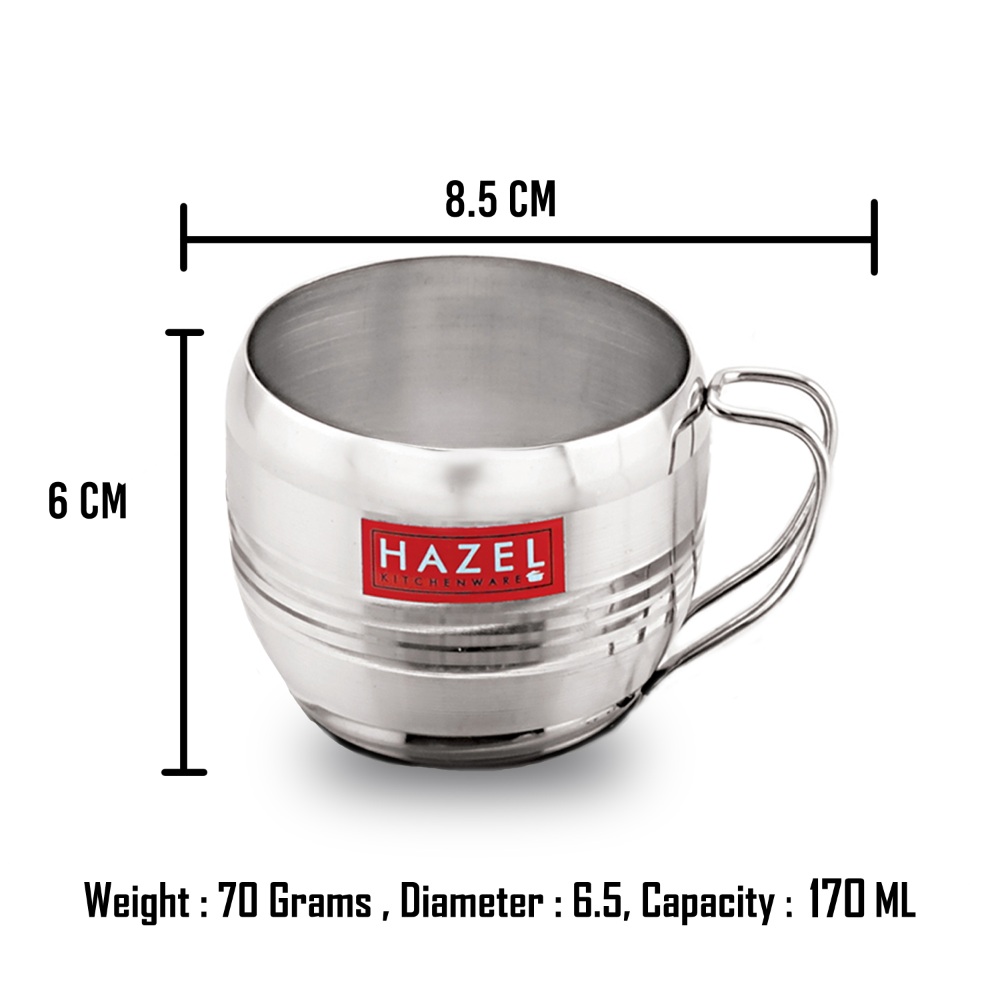 HAZEL Stainless Steel Tea Cup | Steel Unbreakable Chai Tea Coffee Cup Mug Latest Design Capacity 170ml Each, Set of 2, Silver