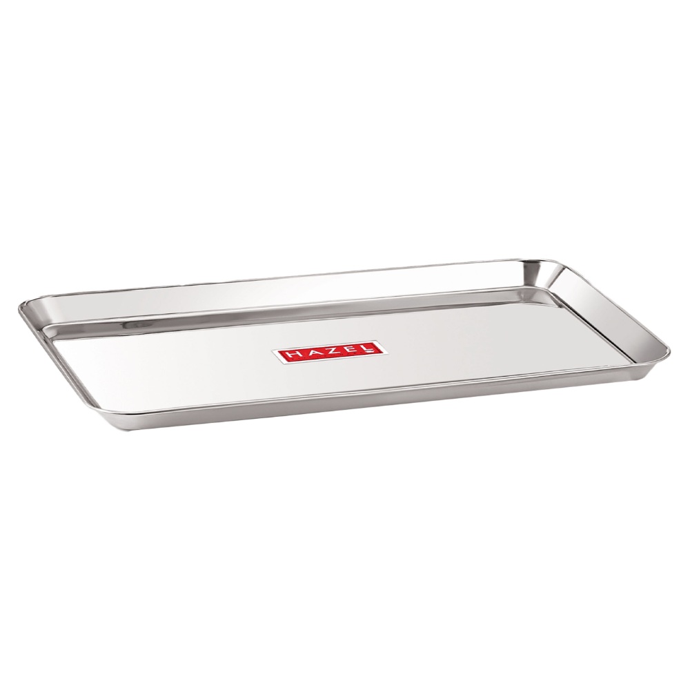 HAZEL Stainless Steel Serving Trays Rectangle Premium Dining Table Plater Set of 4, Medium, Silver, 33.5 x 23 cm