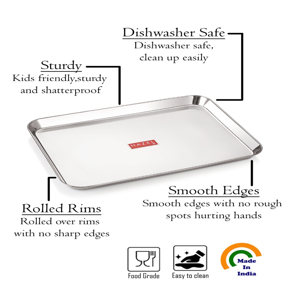 HAZEL Stainless Steel Serving Trays Rectangle Premium Dining Table Plater Set of 4, Medium, Silver, 33.5 x 23 cm