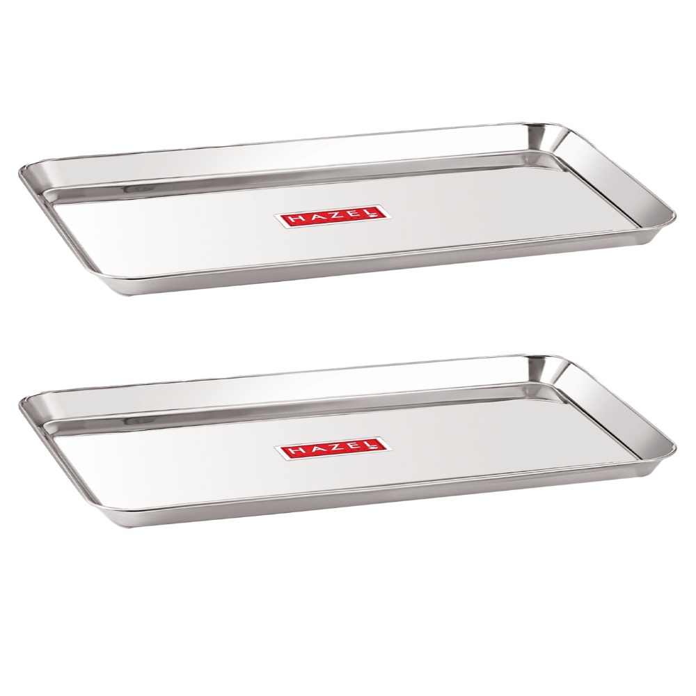 HAZEL Stainless Steel Serving Trays Rectangle Premium Dining Table Plater Set of 2, Medium, Silver, 33.5 x 23 cm
