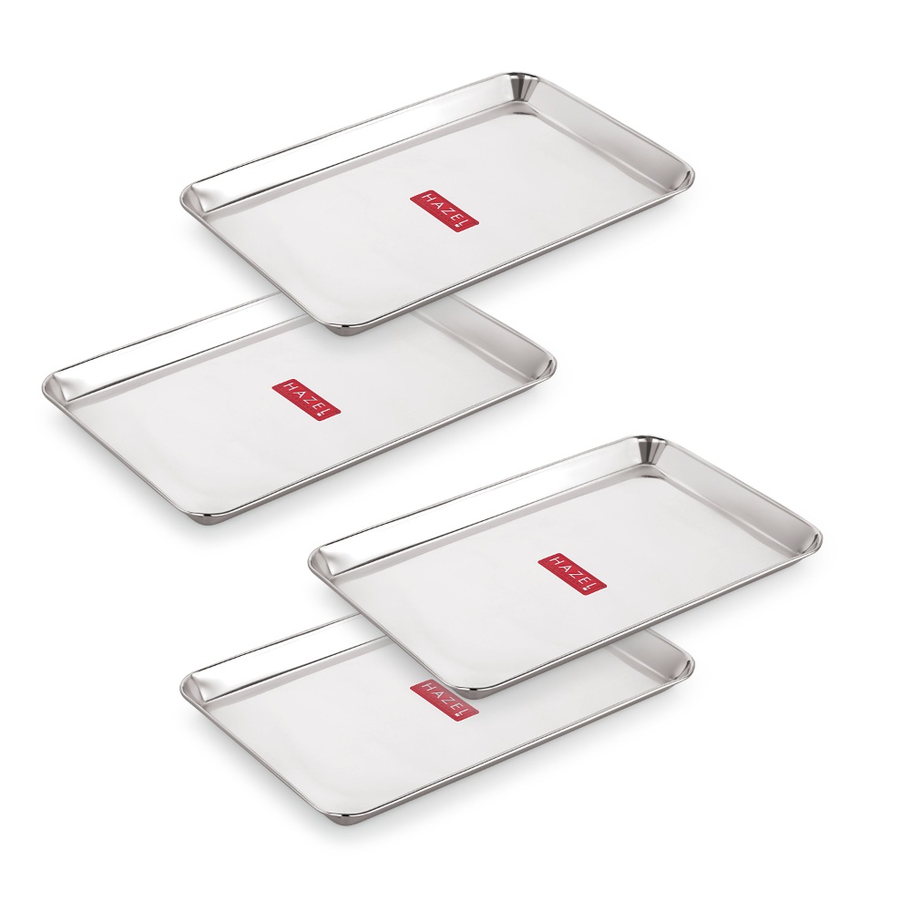 HAZEL Stainless Steel Serving Trays Rectangle Premium Dining Table Plater Set of 4, Small, Silver, 29.5 x 19 cm