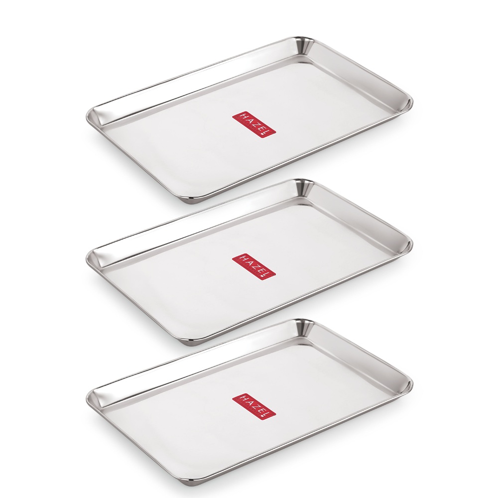 HAZEL Stainless Steel Serving Trays Rectangle Premium Dining Table Plater Set of 3, Small, Silver, 29.5 x 19 cm