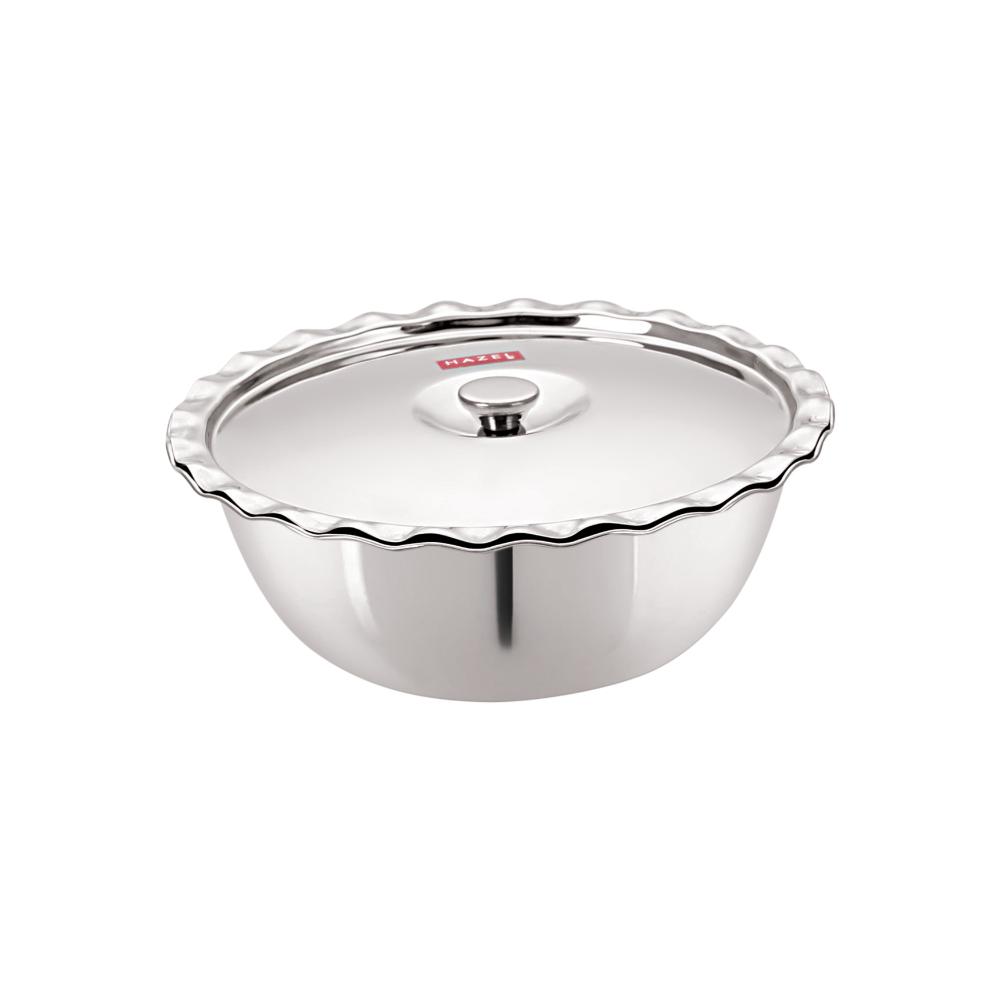 HAZEL Stainless Steel Serving Bowl Wati Vati Katori With Lid, 23 cm, 1750 ML, Silver