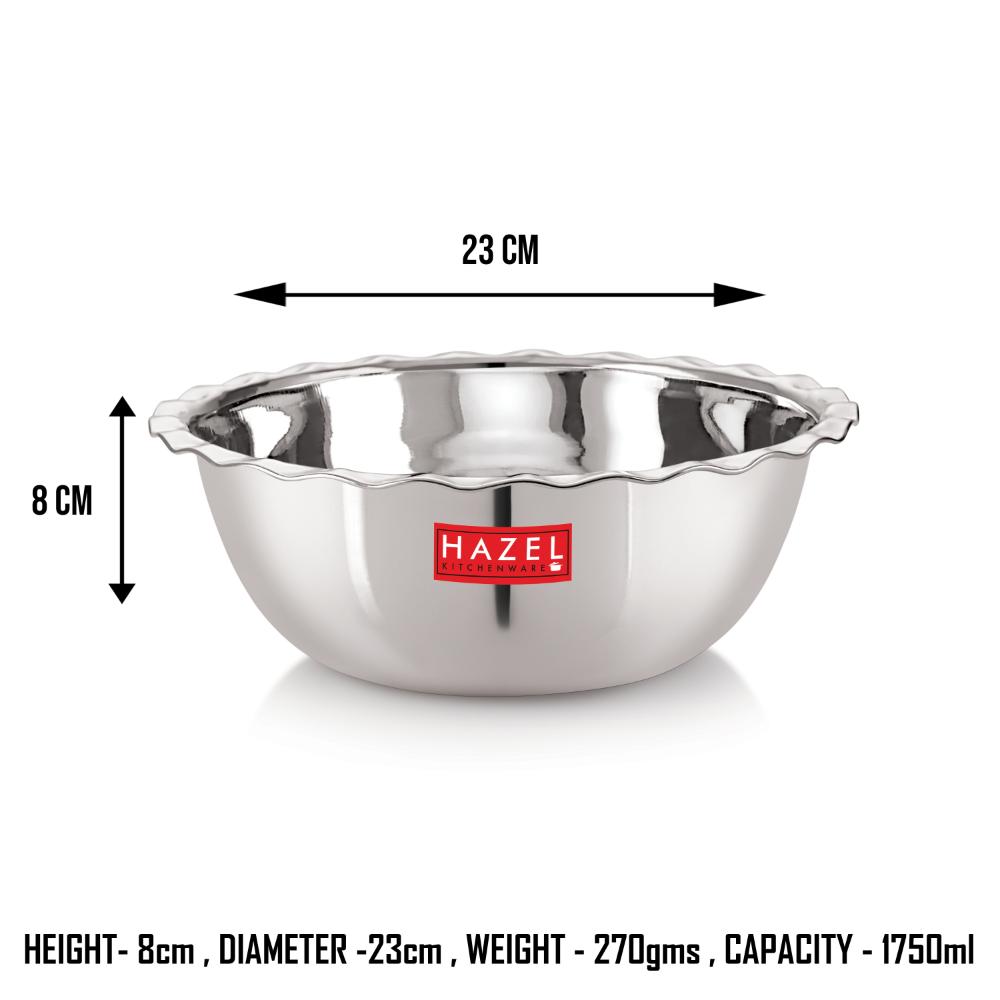 HAZEL Stainless Steel Serving Bowl Wati Vati Katori With Lid, 23 cm, 1750 ML, Silver