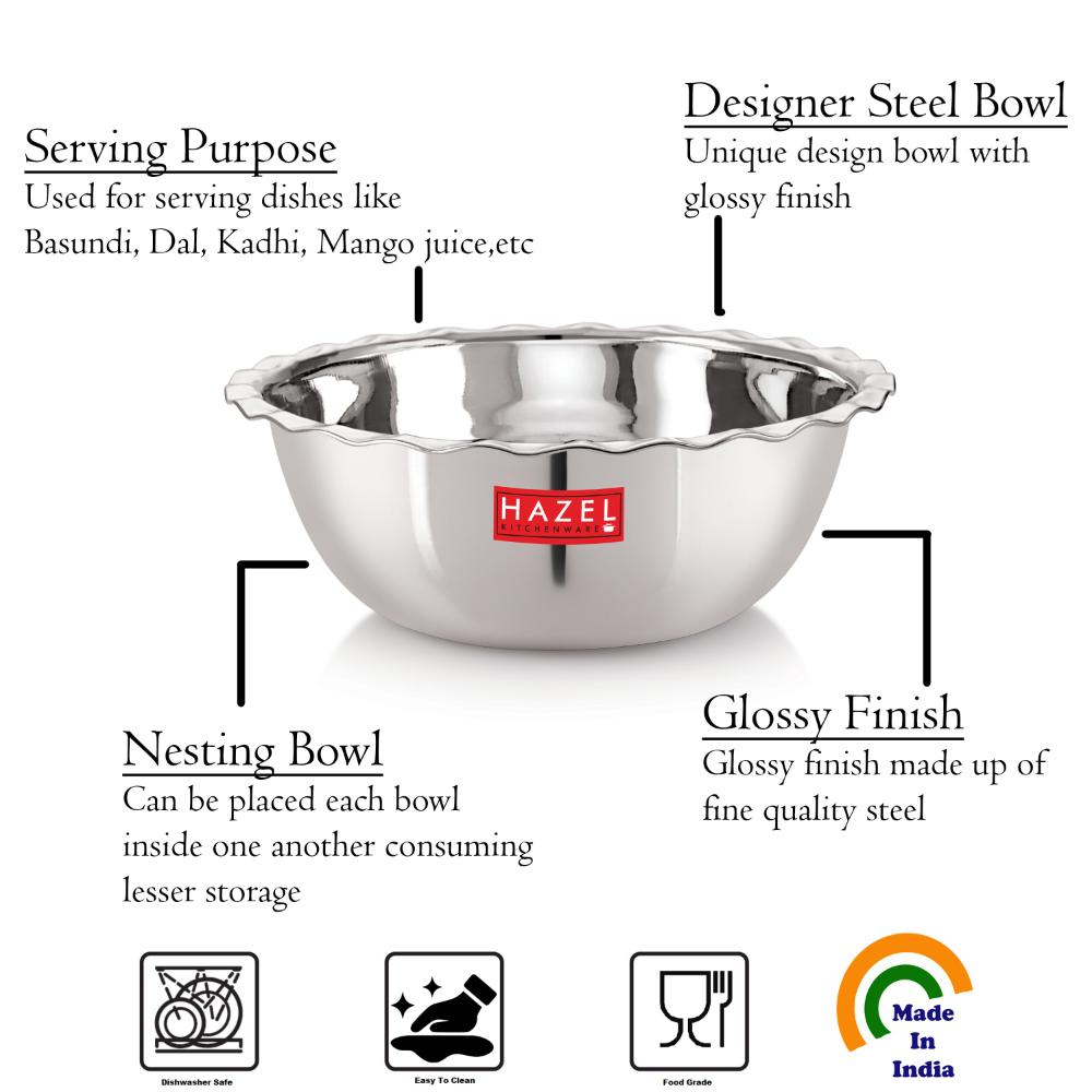 HAZEL Stainless Steel Serving Bowl Wati Vati Katori With Lid, 23 cm, 1750 ML, Silver