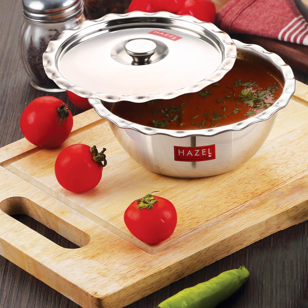 HAZEL Stainless Steel Serving Bowl Wati Vati Katori With Lid, 21 cm, 1300 ML, Silver