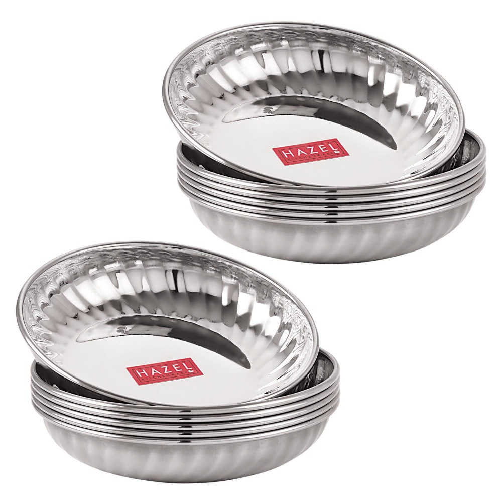 HAZEL Stainless Steel Serving Sweet Dish Dessert Plate, Set of 12, 310 ML Each, Silver