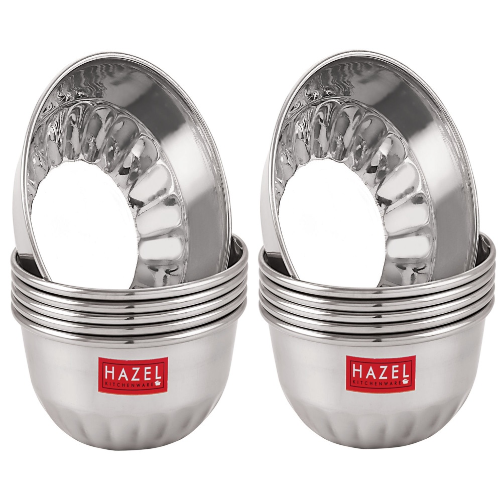 HAZEL Stainless Steel Serving Bowl Wati Dessert Vati Katori, Set of 12, 300 ML Each, Silver