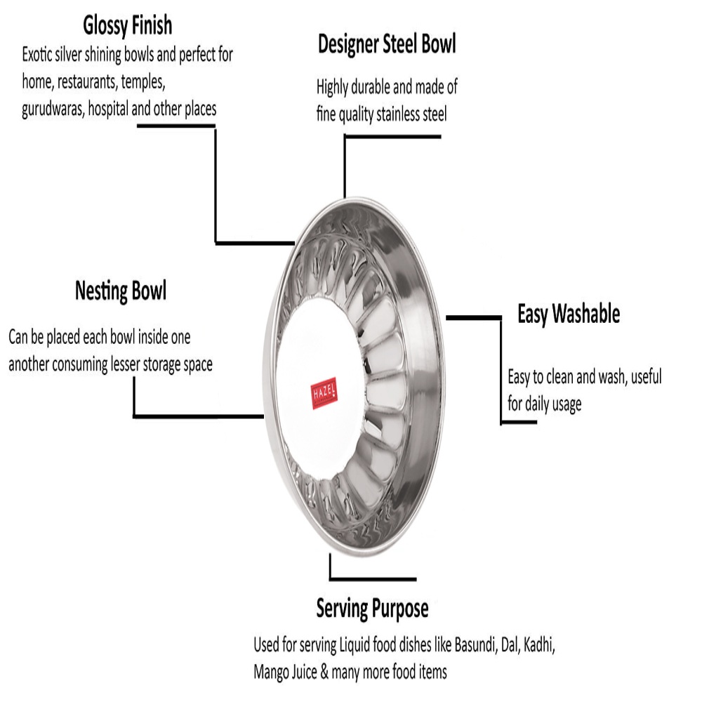 HAZEL Stainless Steel Serving Bowl Wati Dessert Vati Katori, Set of 12, 220 ML Each, Silver