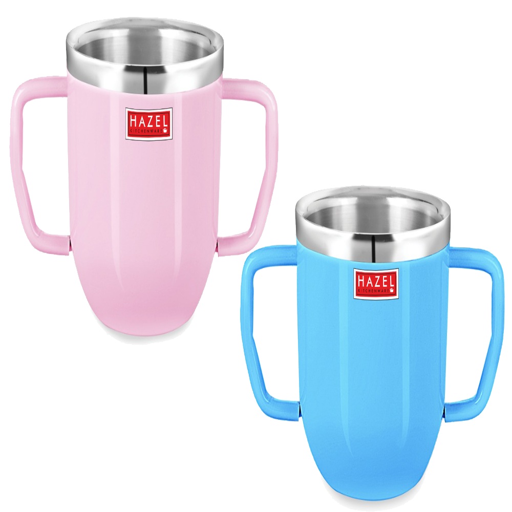 HAZEL Double Wall Stainless Steel Double Handle Baby Mug Set of 2for Kids Gifting, 250 ML Each, Pink & Blue