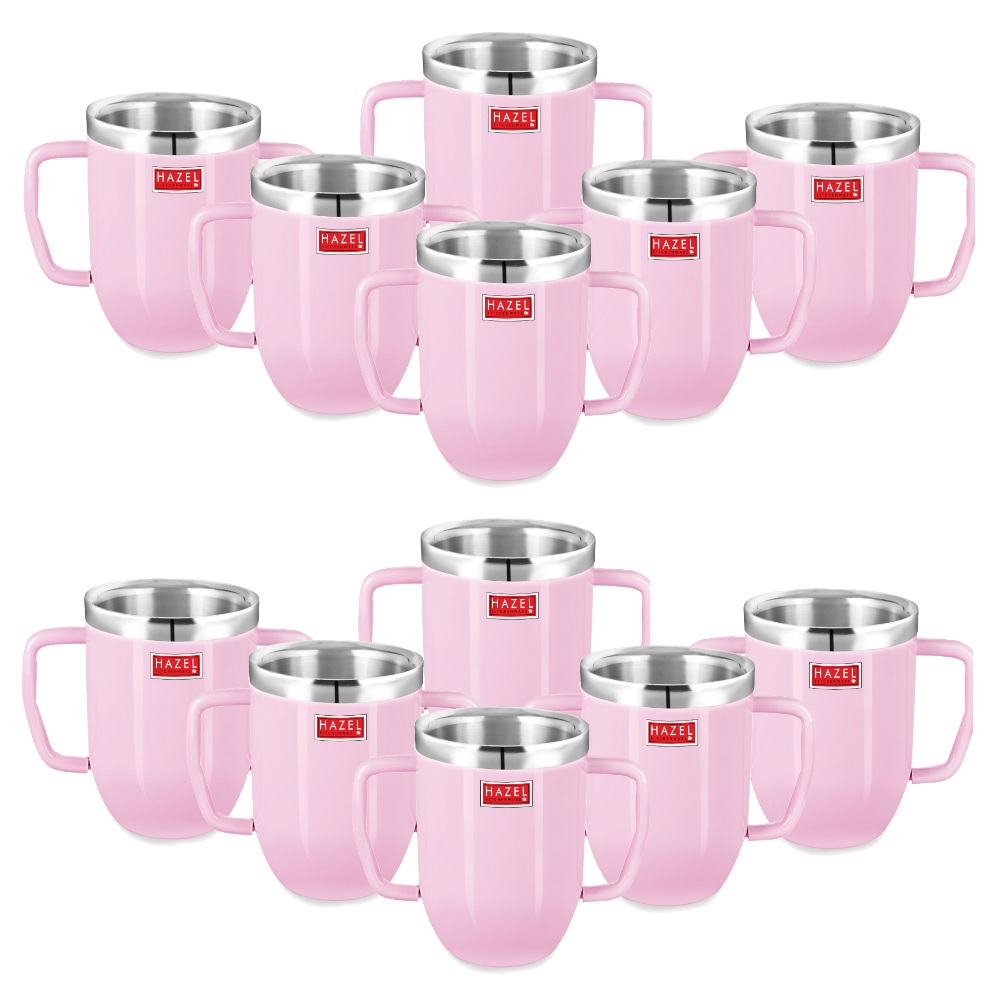 HAZEL Double Wall Stainless Steel Double Handle Baby Mug Set of 12for Kids Gifting, 250 ML Each, Pink