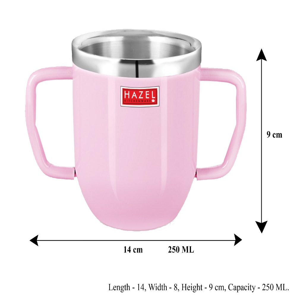 HAZEL Double Wall Stainless Steel Double Handle Baby Mug Set of 12for Kids Gifting, 250 ML Each, Pink