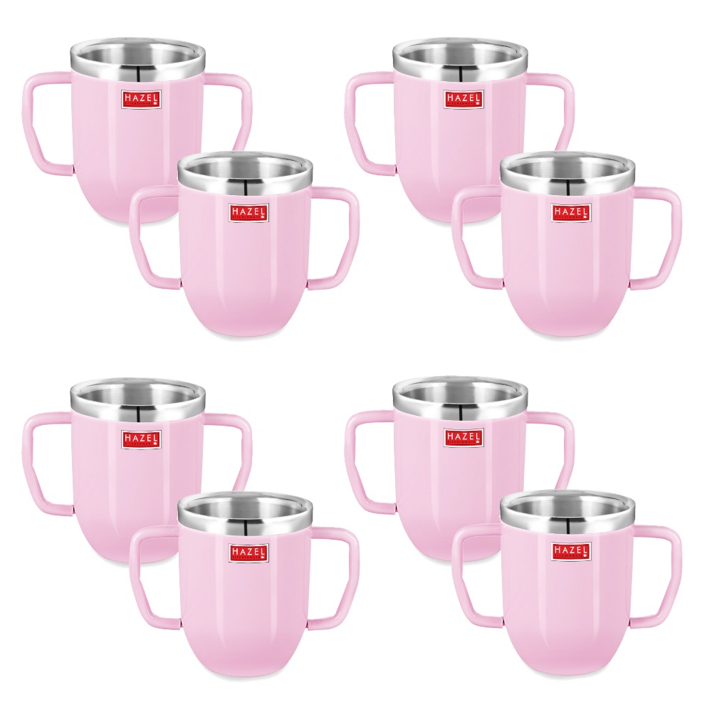 HAZEL Double Wall Stainless Steel Double Handle Baby Mug Set of 8for Kids Gifting, 250 ML Each, Pink