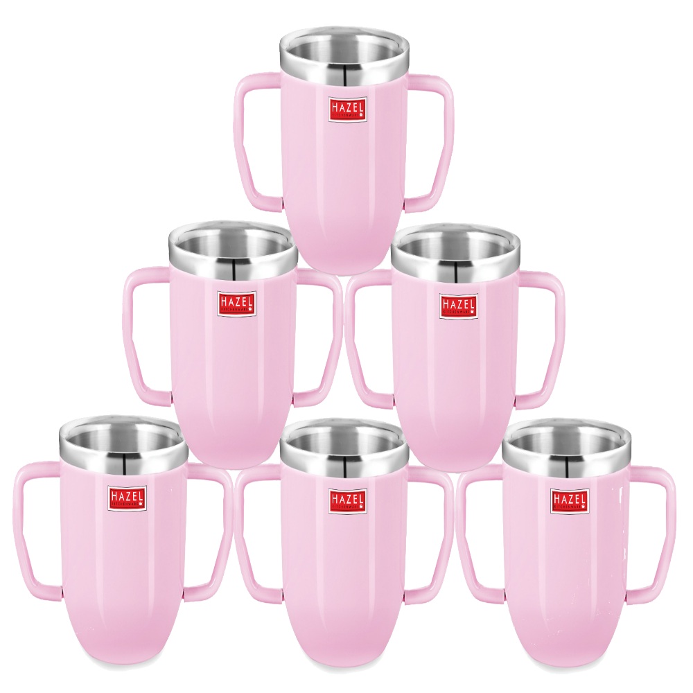 HAZEL Double Wall Stainless Steel Double Handle Baby Mug Set of 6for Kids Gifting, 250 ML Each, Pink