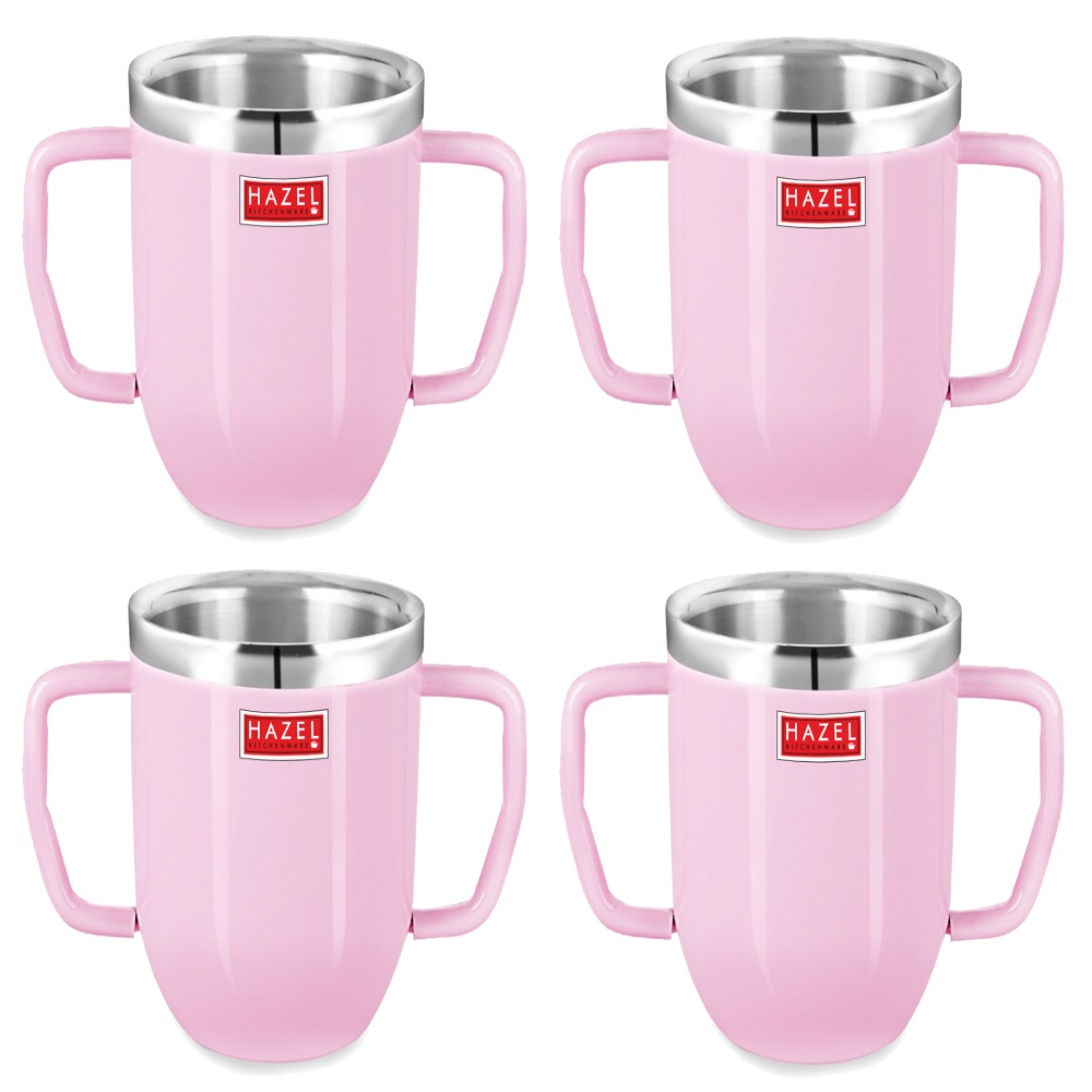 HAZEL Double Wall Stainless Steel Double Handle Baby Mug Set of 4for Kids Gifting, 250 ML Each, Pink