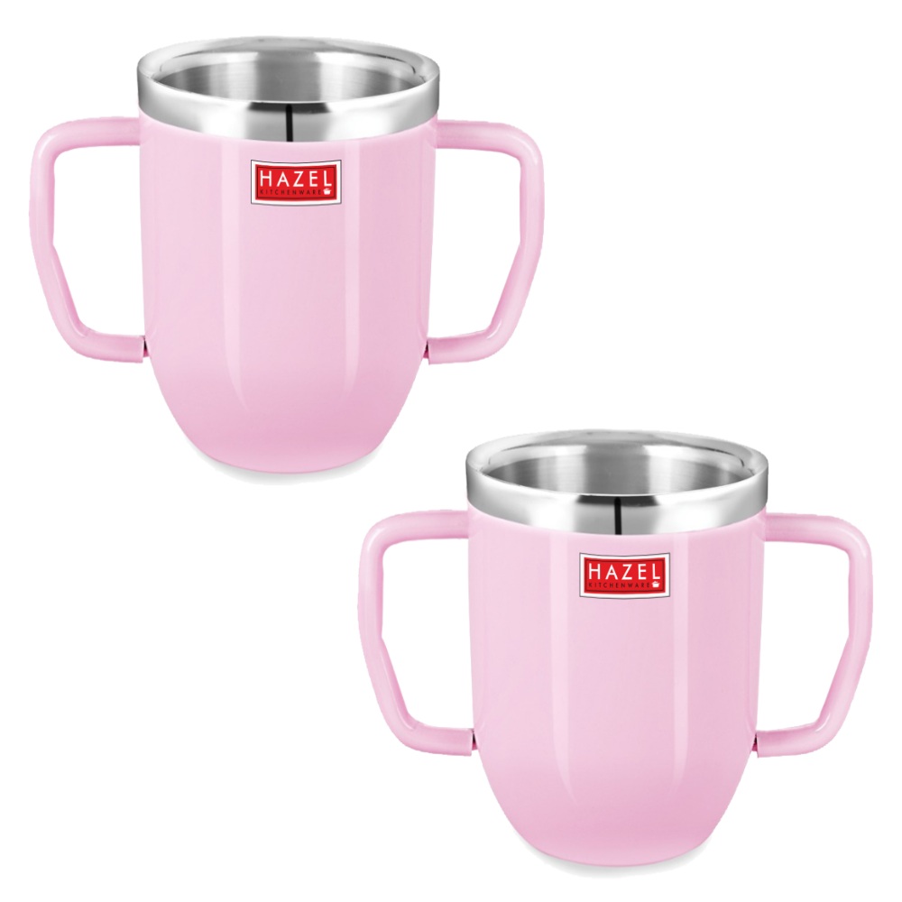 HAZEL Double Wall Stainless Steel Double Handle Baby Mug Set of 2for Kids Gifting, 250 ML Each, Pink