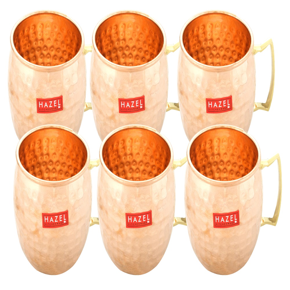 HAZEL Copper Hammered Finish Drinkware Mug set of 6, 550 ml