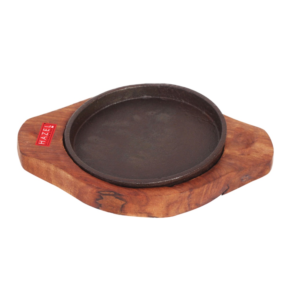 HAZEL Sizzling Brownie Sizzler Plate / Tray with Wodden Base Round 5 inch