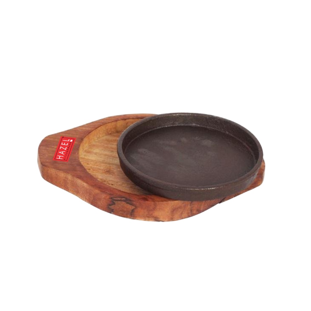 HAZEL Sizzling Brownie Sizzler Plate / Tray with Wodden Base Round 5 inch