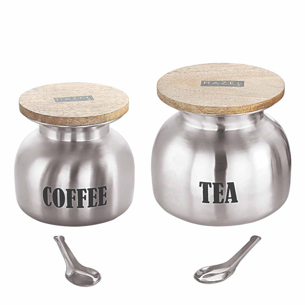 HAZEL Tea Coffee Containers Set of 2 | Airtight Steel Containers for Kitchen, 550 ML & 600 ML, Silver