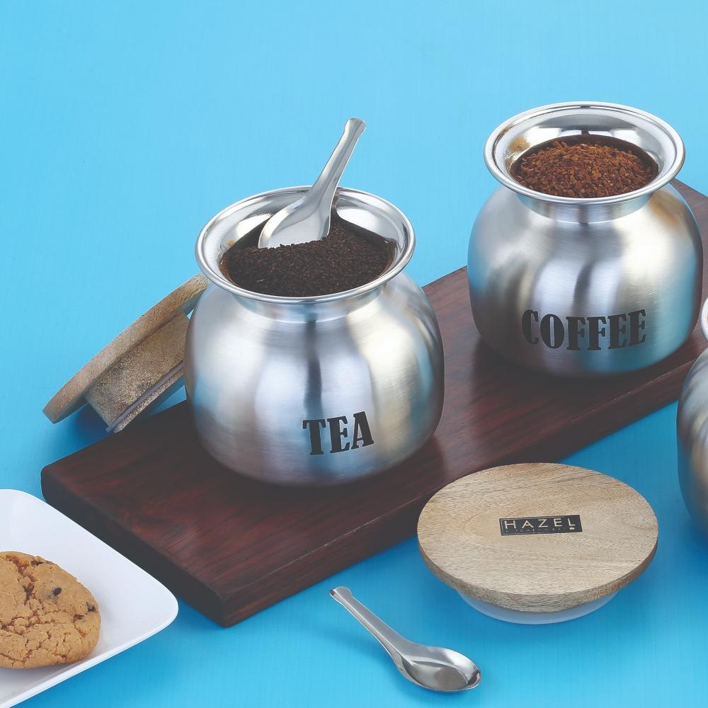 HAZEL Tea Coffee Containers Set of 2 | Airtight Steel Containers for Kitchen, 550 ML & 600 ML, Silver