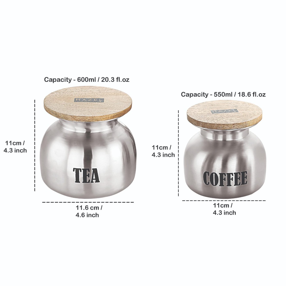 HAZEL Tea Coffee Containers Set of 2 | Airtight Steel Containers for Kitchen, 550 ML & 600 ML, Silver