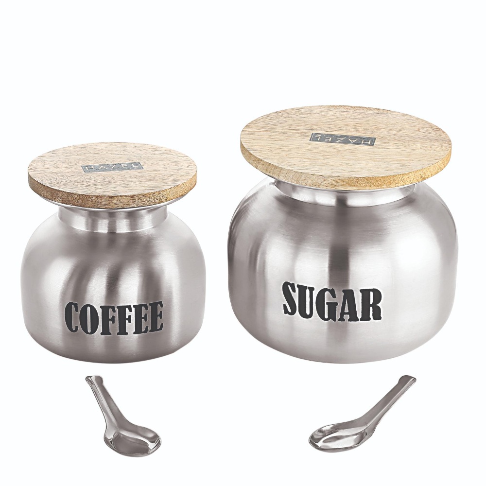 HAZEL Sugar Coffee Containers Set of 2 | Airtight Steel Containers for Kitchen, 550 ML & 700 ML, Silver