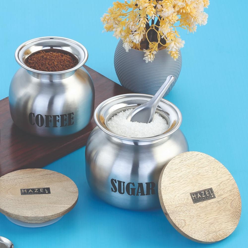 HAZEL Sugar Coffee Containers Set of 2 | Airtight Steel Containers for Kitchen, 550 ML & 700 ML, Silver