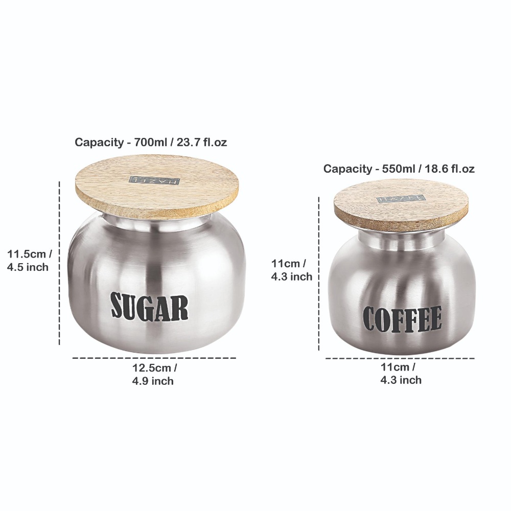 HAZEL Sugar Coffee Containers Set of 2 | Airtight Steel Containers for Kitchen, 550 ML & 700 ML, Silver