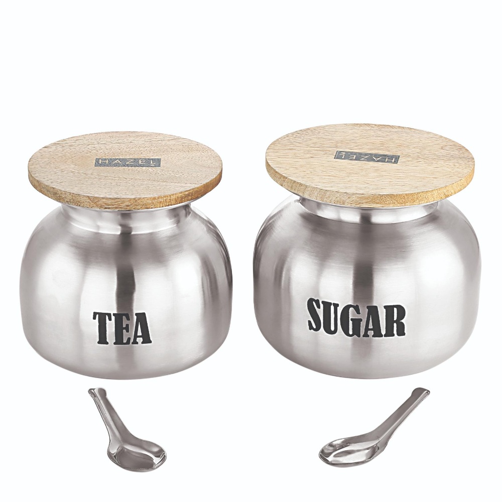 HAZEL Tea Sugar Containers Set of 2 | Airtight Steel Containers for Kitchen, 600 ML & 700 ML, Silver