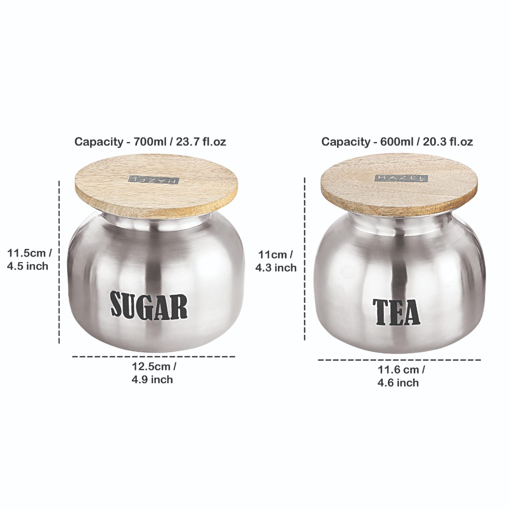 HAZEL Tea Sugar Containers Set of 2 | Airtight Steel Containers for Kitchen, 600 ML & 700 ML, Silver