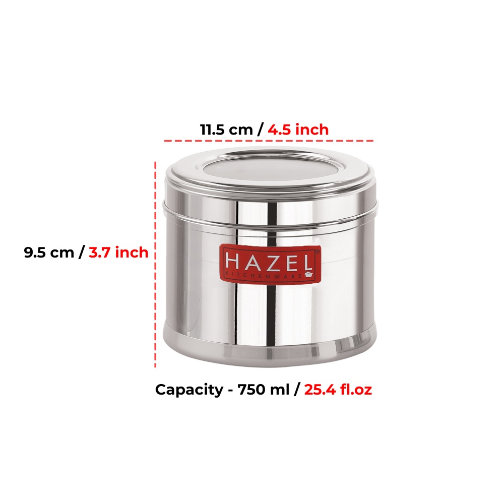 HAZEL Stainless Steel Containers for Kitchen | Top See Through Stainless Steel Airtight Masala Box for Kitchen Storage with Airtight Lid, 750 ML, Set of 6