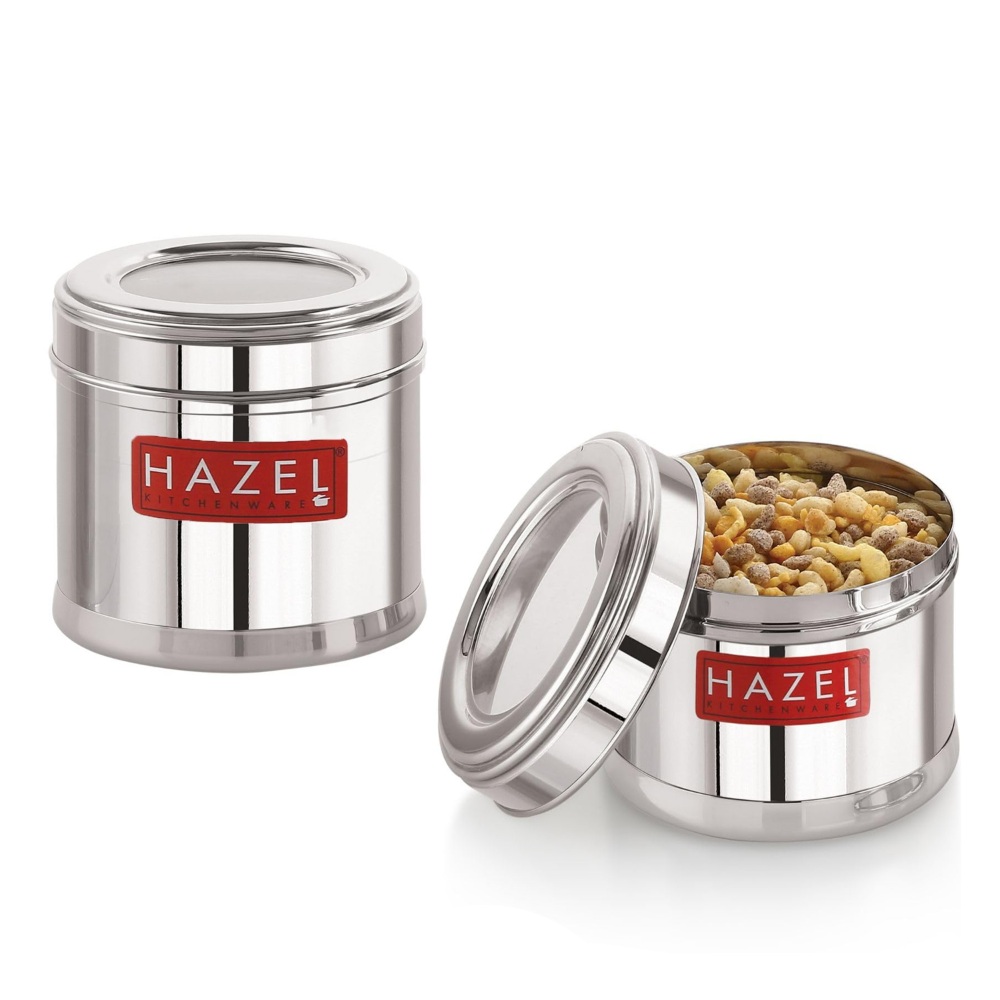 HAZEL Stainless Steel Containers for Kitchen | Top See Through Stainless Steel Airtight Masala Box for Kitchen Storage with Airtight Lid, 750 ML, Set of 2