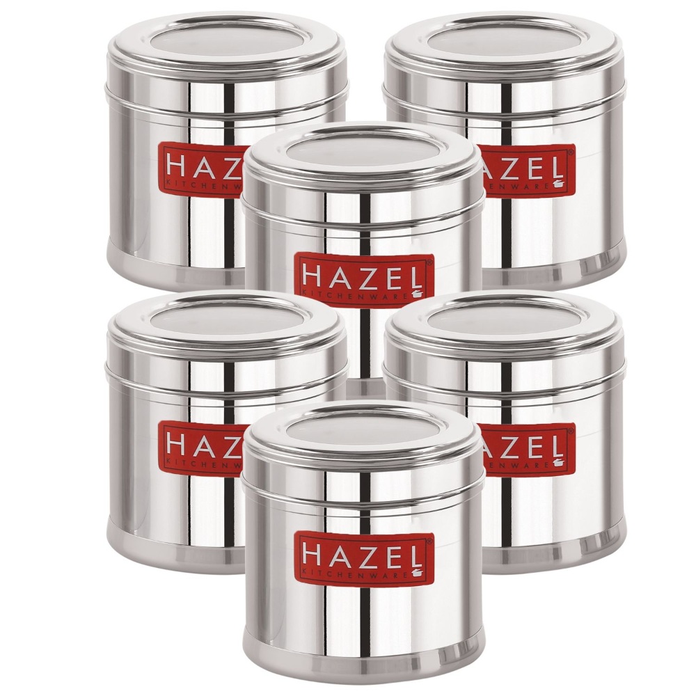 HAZEL Masala Box for Kitchen with Airtight Lid | Stainless Steel Top See Through Storage Containers for Kitchen Air tight, 500 ML, Set of 6