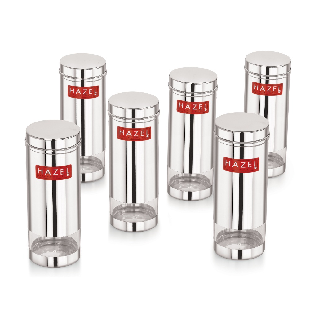 HAZEL Stainless Steel See Through Transparent Slim Container | Air Tight Steel Containers | Grocery Containers for Kitchen | Dabba Set for Kitchen | Kitchen Storage Containers Set of 6, 600 ML