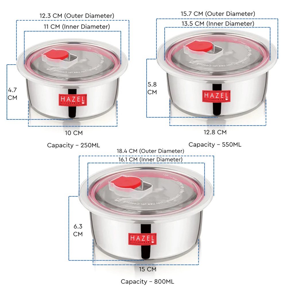 HAZEL Stainless Steel Container with Transparent Lid | Kitchen Containers set |Steel Dabba with Air Vent Lid | Steel Storage Containers for Kitchen | Kitchen Containers set of 3