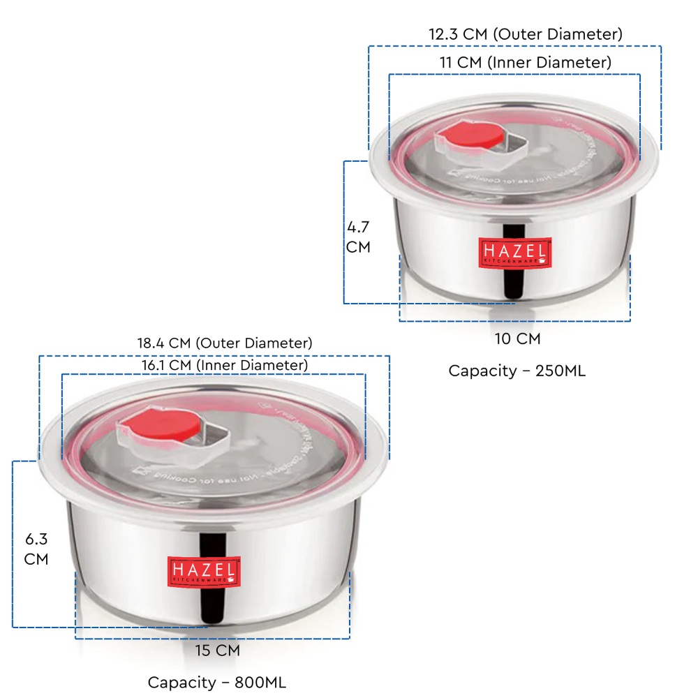 HAZEL Airtight Kitchen Containers set | Leak Proof Mini Steel Containers | Steel Dabba with Air Vent Lid | Steel Storage Containers for Kitchen set of 2