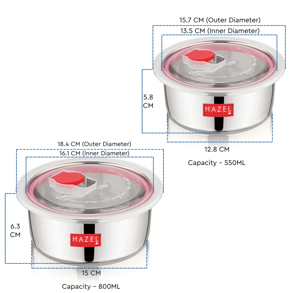 HAZEL Steel Airtight Container for Fridge | Steel container with Transparent Lid | Dabba for kitchen with Air Vent Lid | Container for Kitchen Storage set of 2, 550 ML and 800 ml, Silver