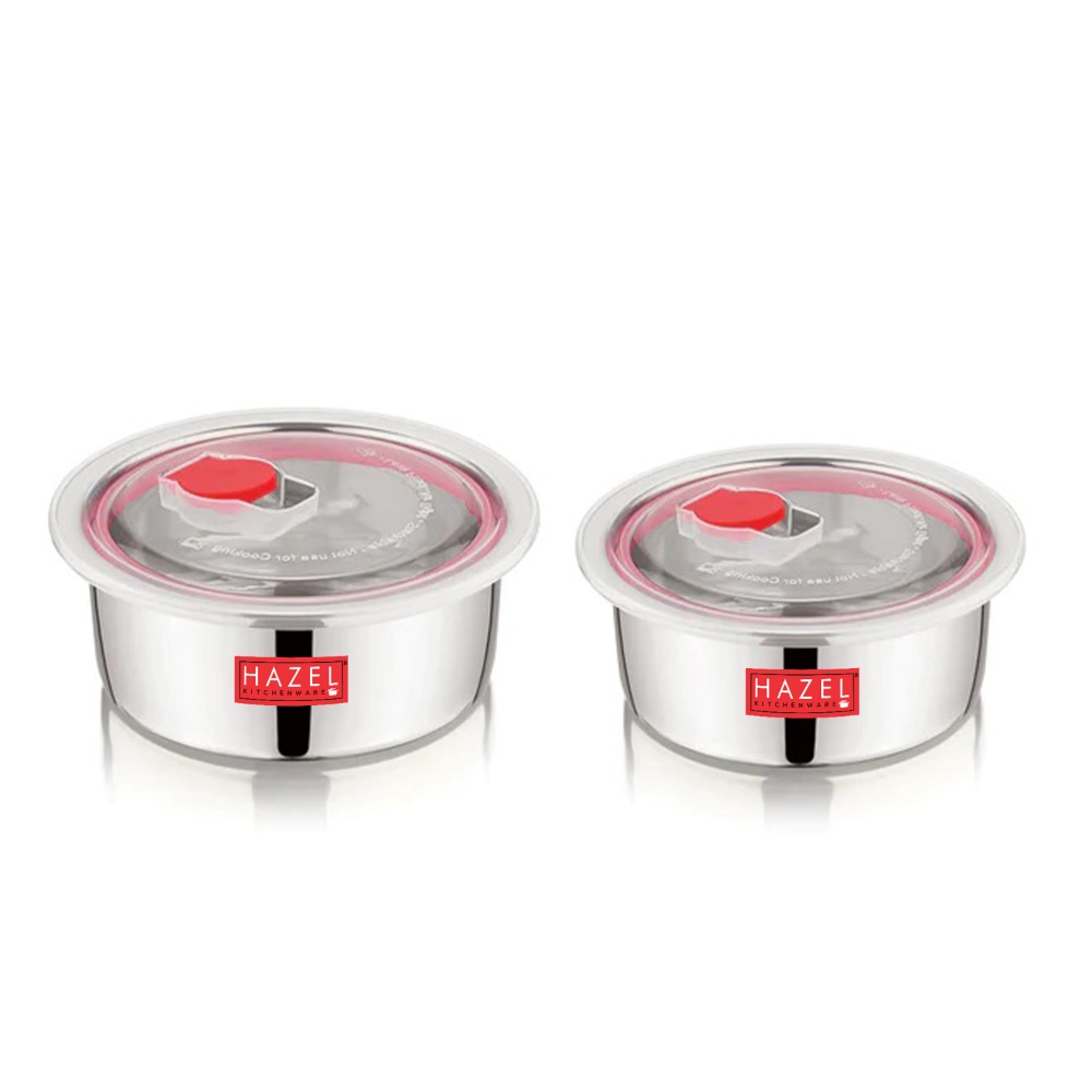 HAZEL Leak Proof Stainless Steel Container | Steel container with Transparent Lid | Stainless Steel Dabba with Air Vent Lid | Container for Kitchen Storage set of 2, 250 ml and 550 ML