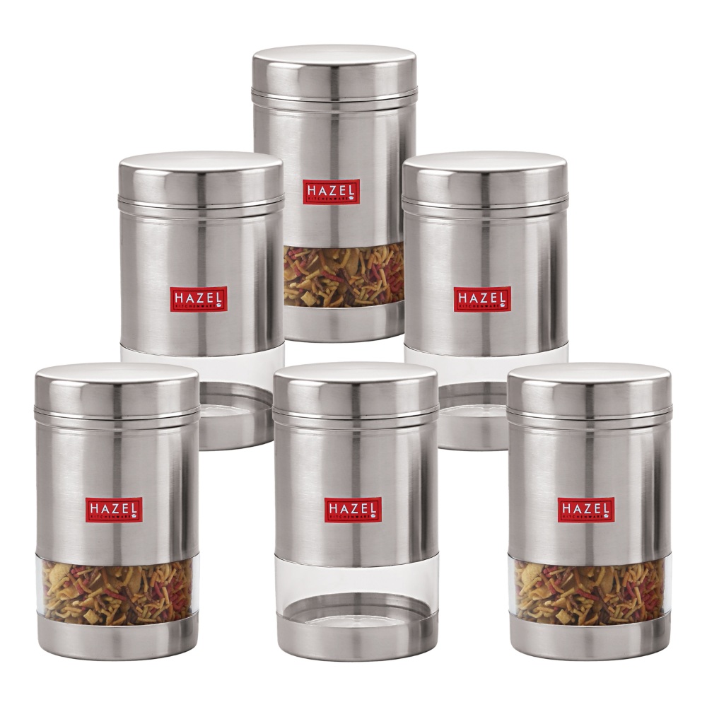 HAZEL Stainless Steel Kitchen Container | Transparent Kitchen Container Set with Matt Finish | Multipurpose Container for Kitchen Storage | Set of 6, 1700 ml Each