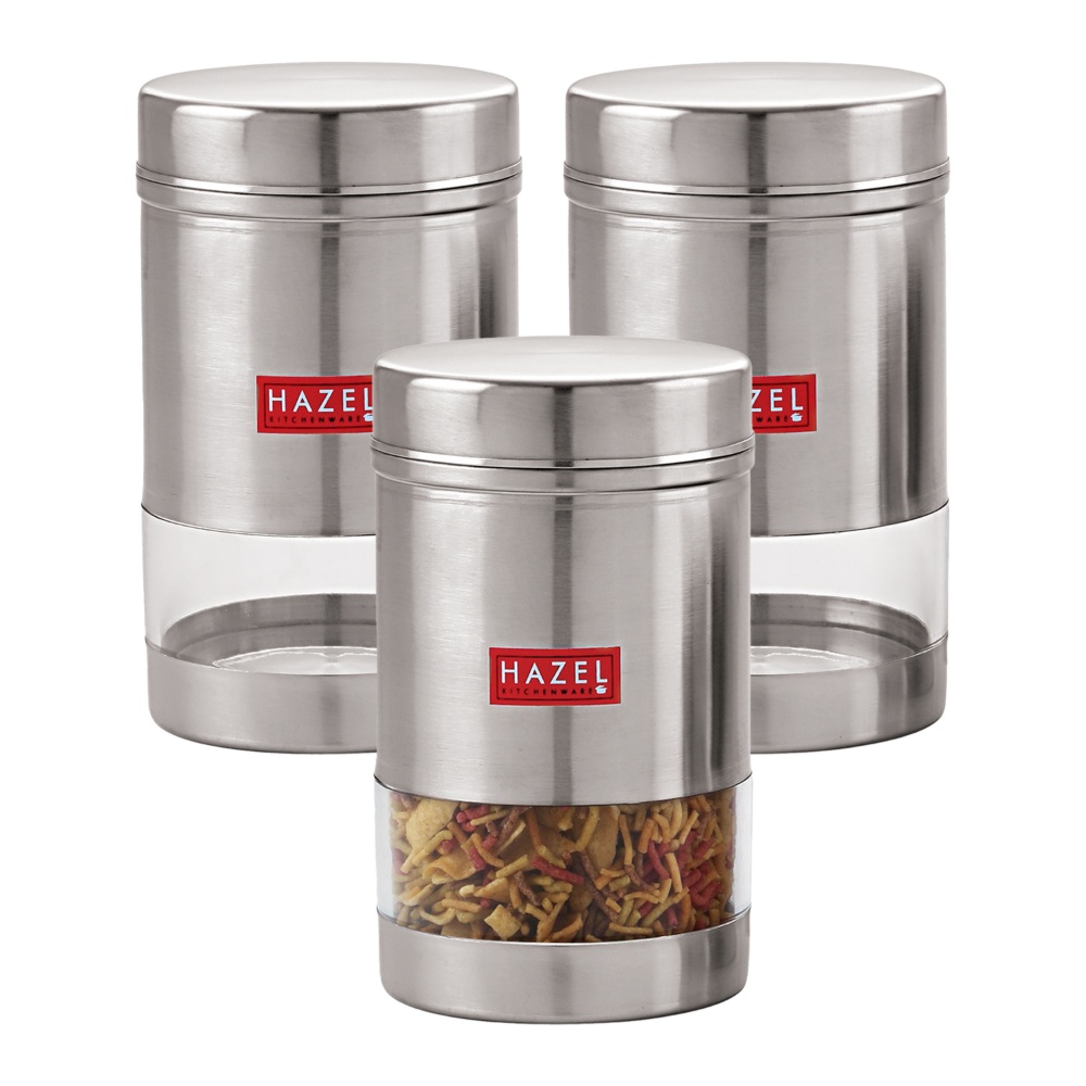 HAZEL Stainless Steel Kitchen Container | Transparent Kitchen Container Set with Matt Finish | Multipurpose Container for Kitchen Storage | Set of 3, 1700 ml Each