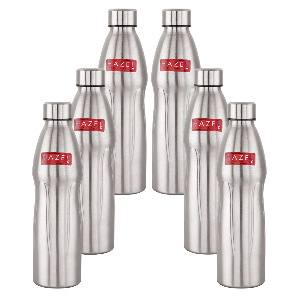 HAZEL Loch S4 Water Bottle 1.1 Litre | Stainless Steel Single Wall Fridge Water Bottle For Office | School | Trekking | Hiking | Travel, Set of 6