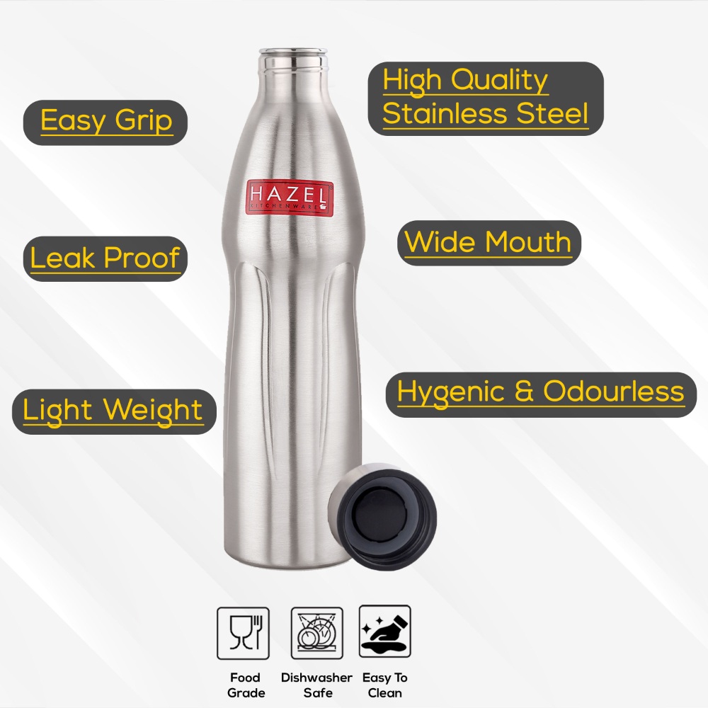 HAZEL Loch S4 Water Bottle 1.1 Litre | Stainless Steel Single Wall Fridge Water Bottle For Office | School | Trekking | Hiking | Travel, Set of 6